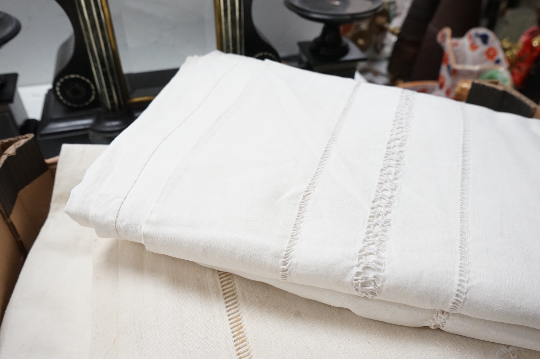 Six French provincial linen drawn thread sheets